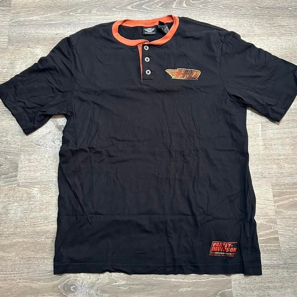 Harley Davidson Motors Men's XL Black & Orange Henley Shirt Button Up